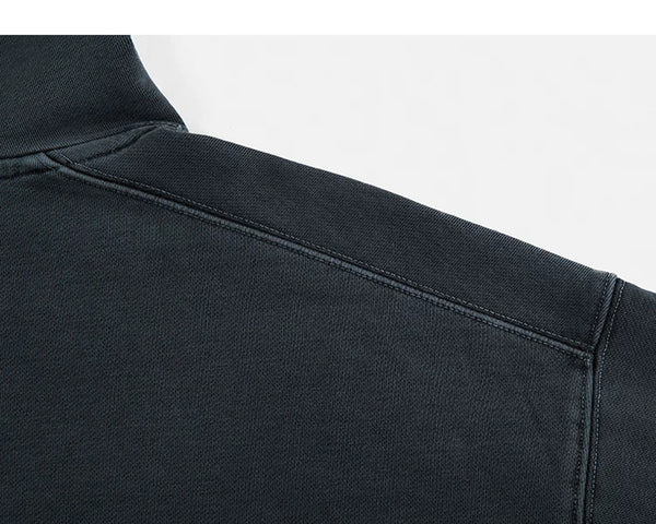 IDLT washed hoodie, dark gray shoulder seam.