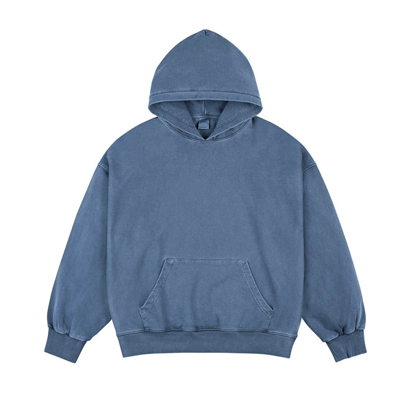 Faded Drop-Shoulder Hoodie, washed blue front view.