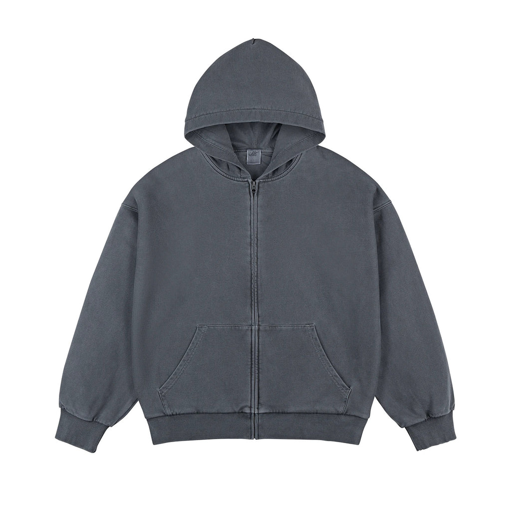 IDLT washed zip hoodie, gray front.