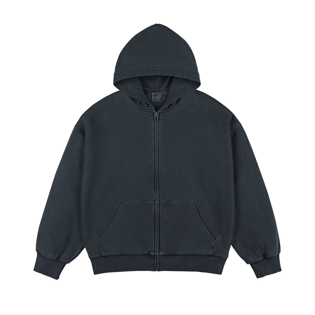 IDLT washed zip hoodie, dark gray front.