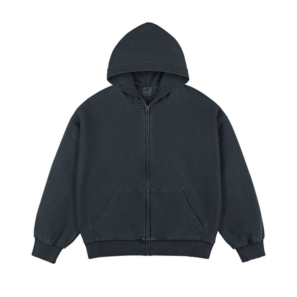 IDLT washed zip hoodie, dark gray front.