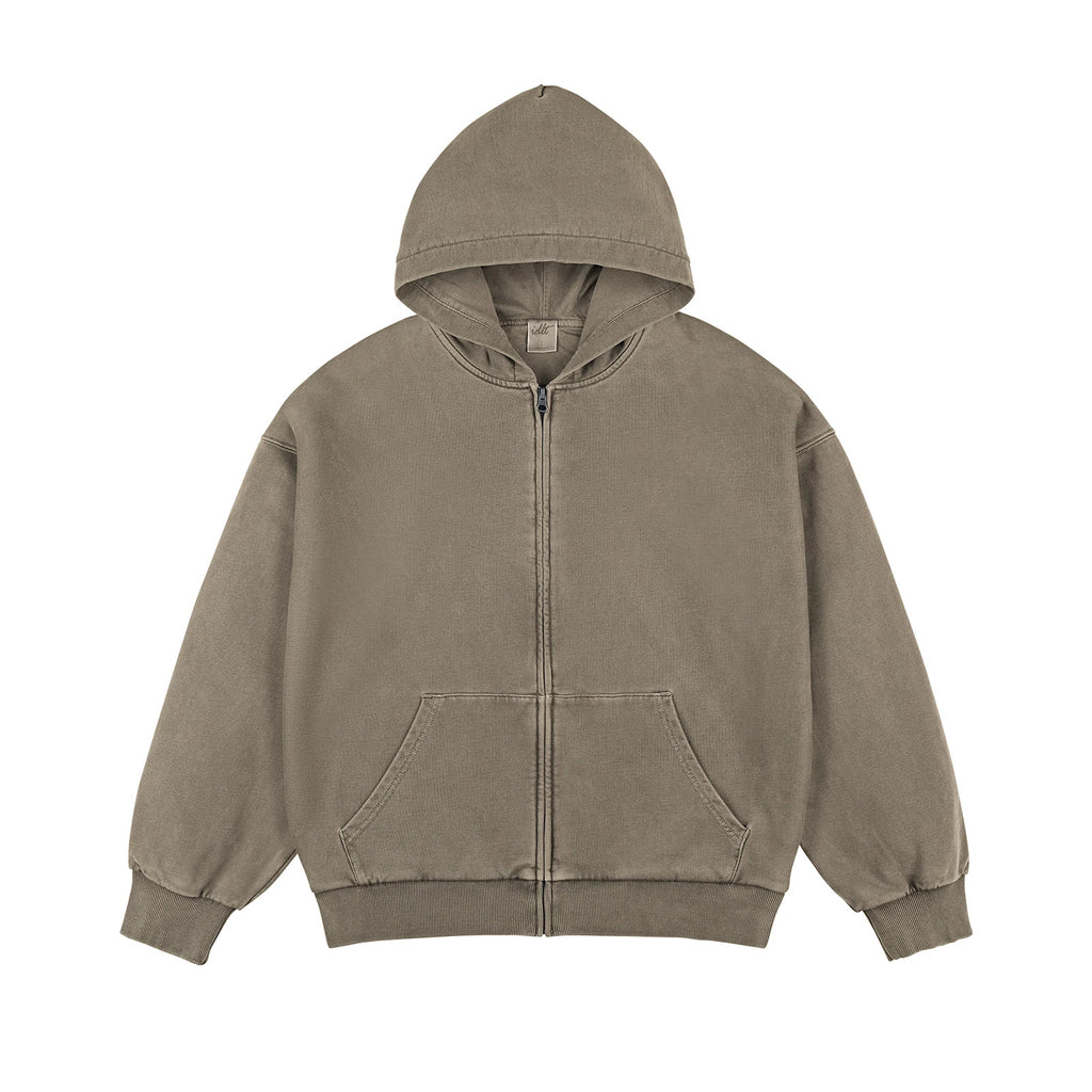 IDLT washed zip hoodie, olive front.