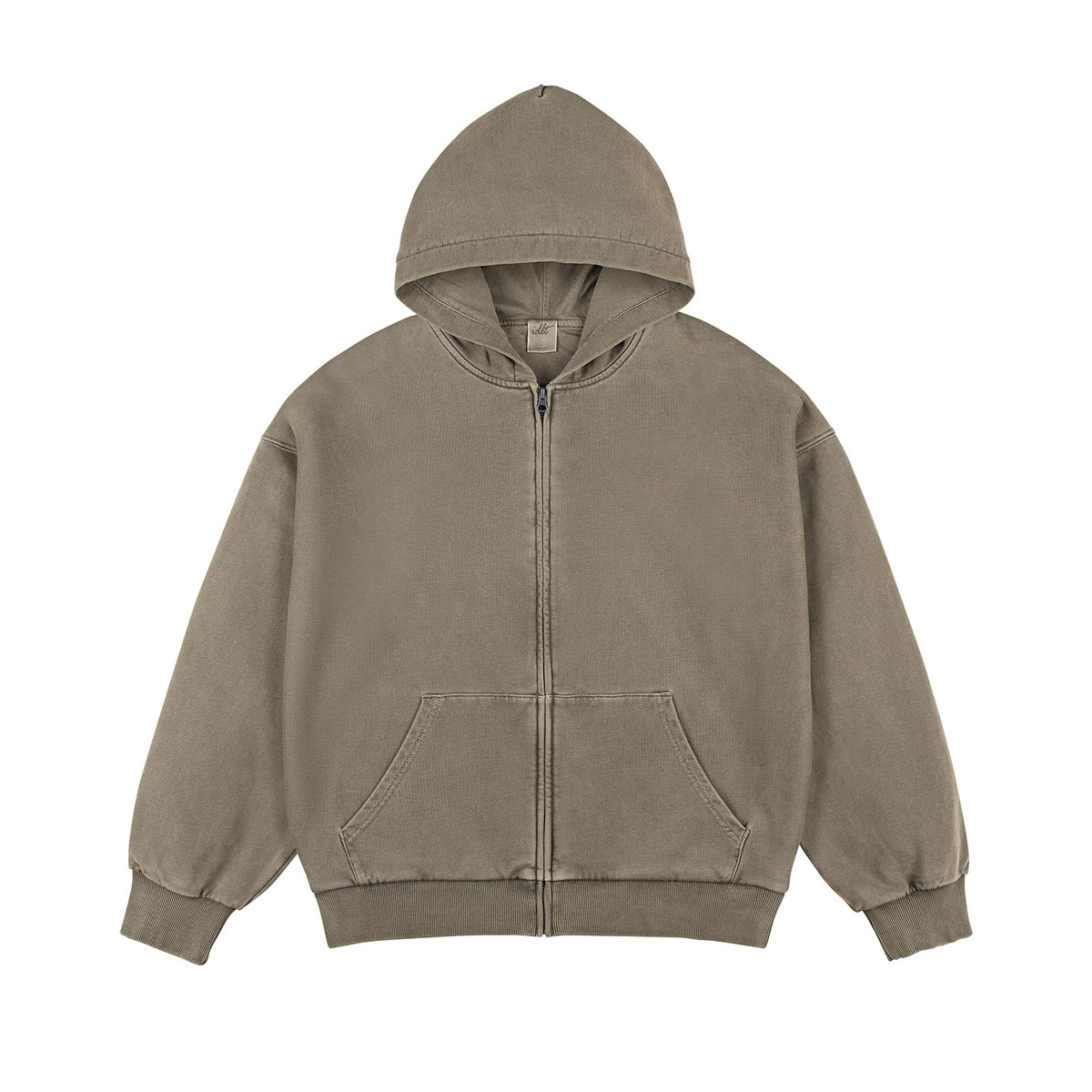 IDLT washed zip hoodie, olive front.