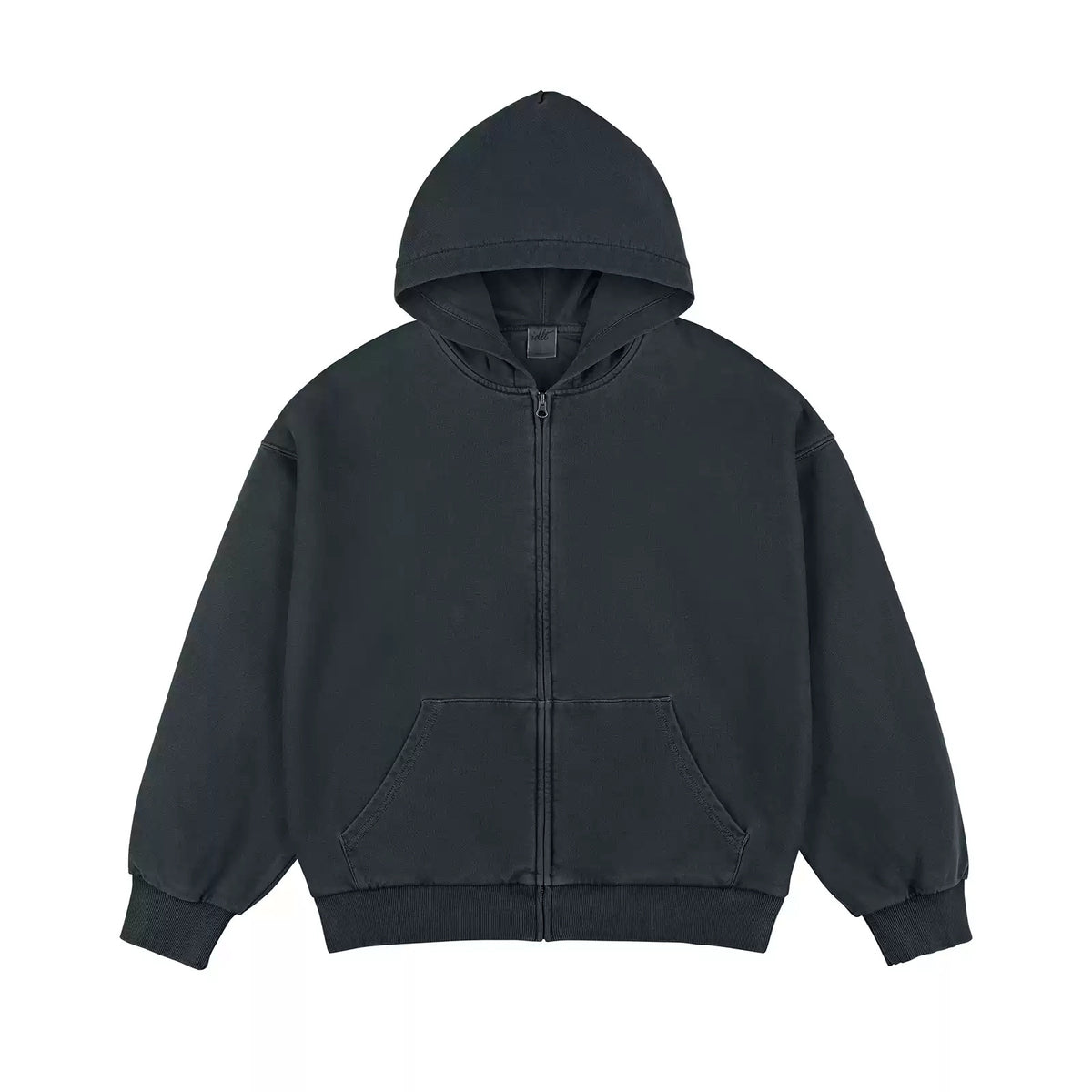 IDLT washed zip hoodie, dark gray front laid flat.