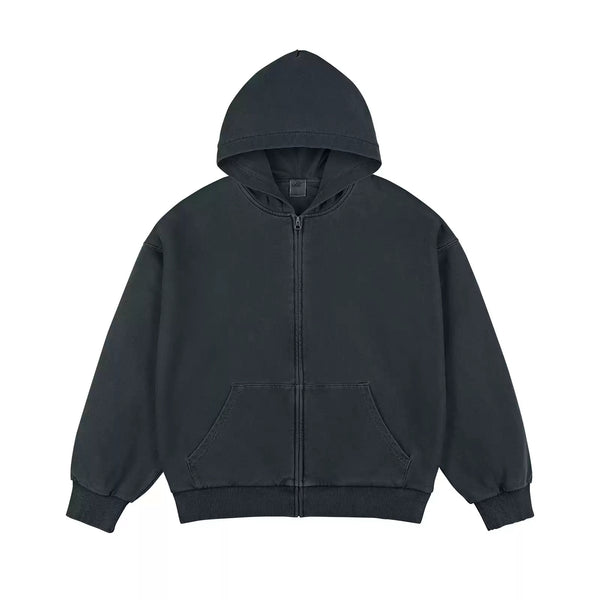 IDLT washed zip hoodie, dark gray front laid flat.