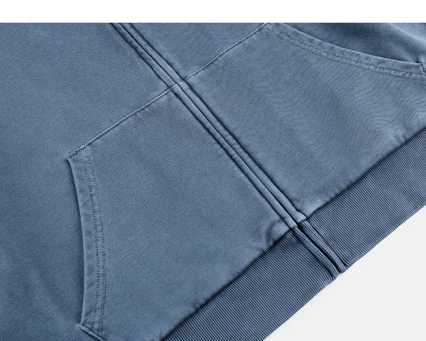 IDLT washed zip hoodie, blue pockets and hem.