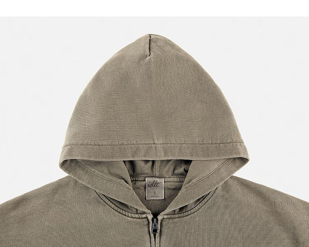 IDLT washed zip hoodie, olive hood.