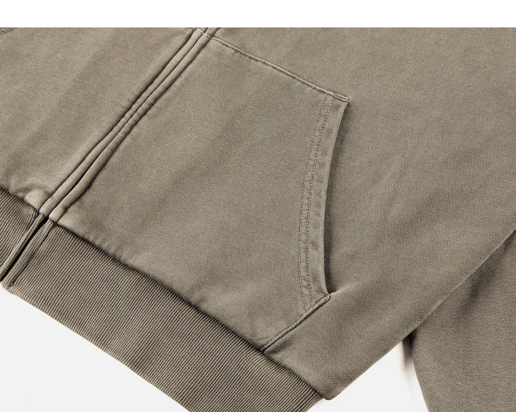 IDLT washed zip hoodie, olive kangaroo pocket.