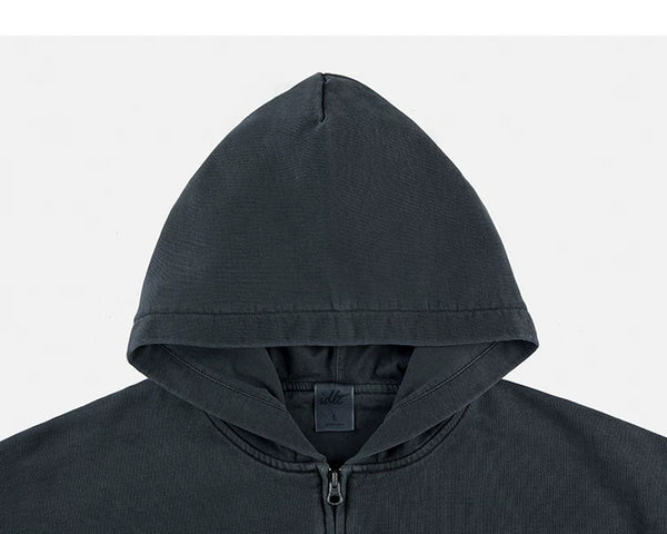 IDLT washed zip hoodie, dark gray hood.