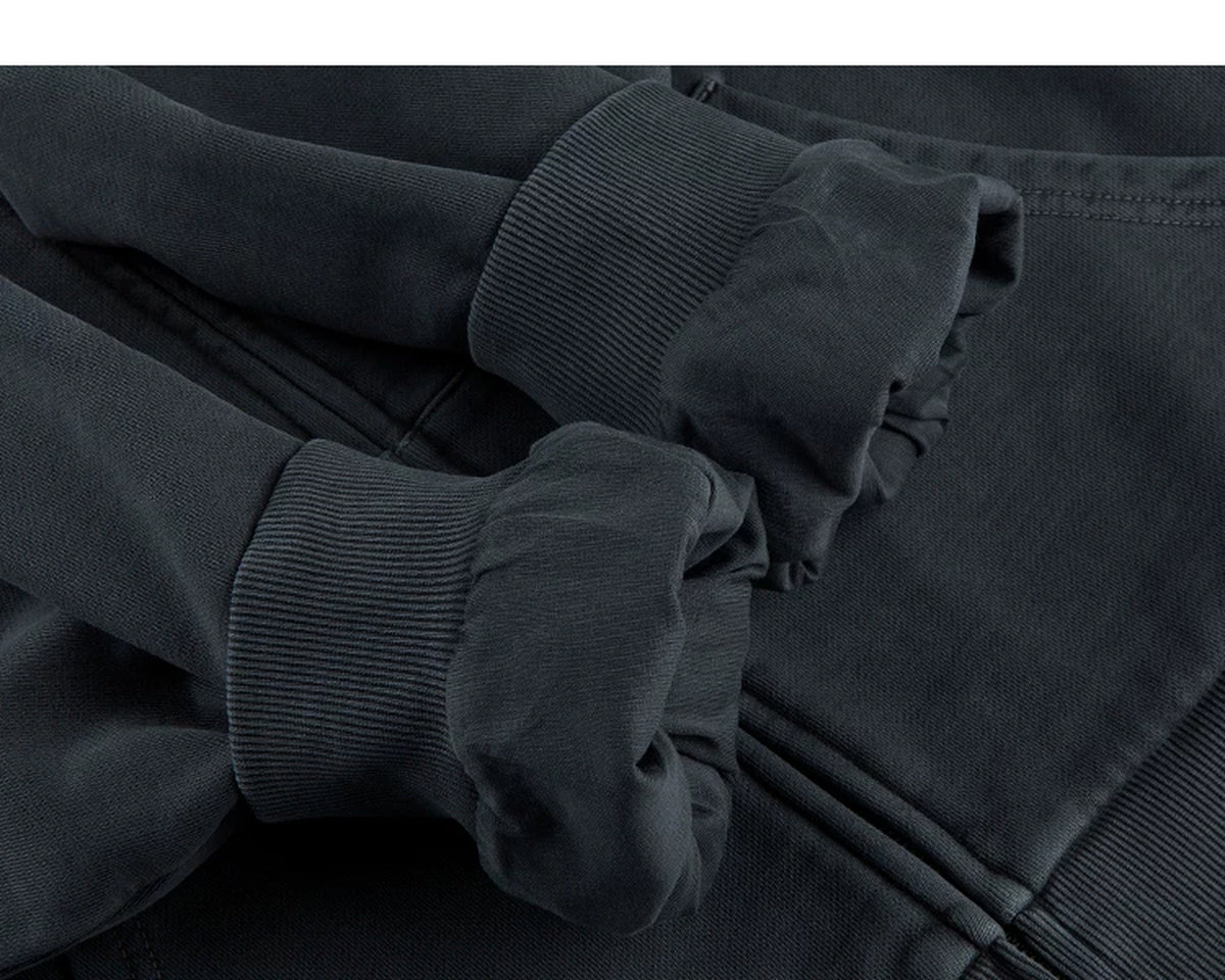 IDLT washed zip hoodie, dark gray turned cuffs.
