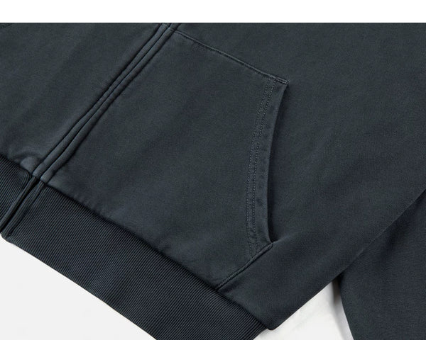 IDLT washed zip hoodie, dark gray kangaroo pocket.