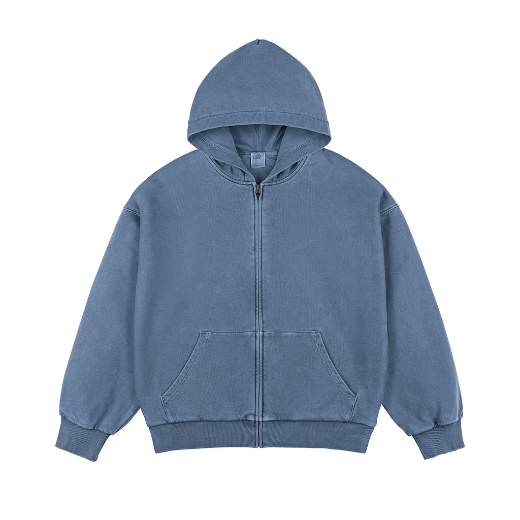 Faded Double-Layer Zip Hoodie, washed blue front view.