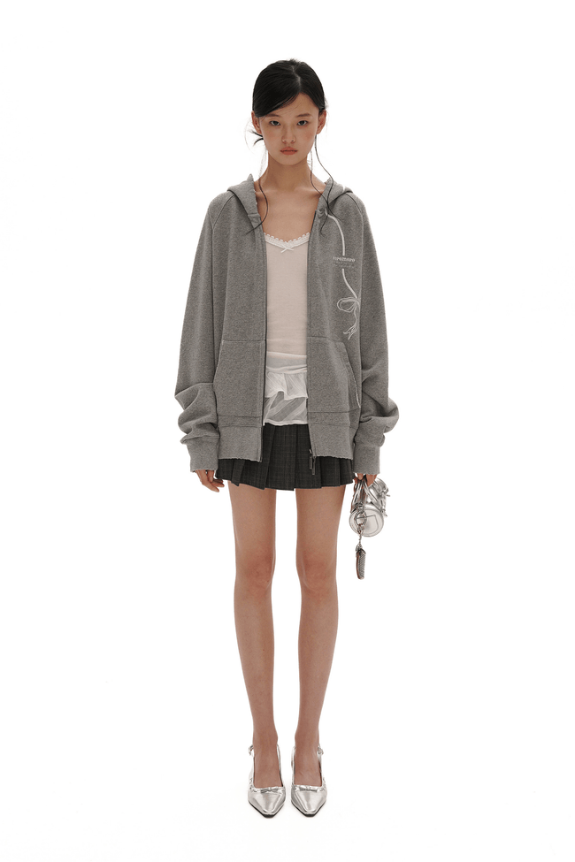 Vintage Bow Embroidered Cotton Zip-Up Hoodie Main Image