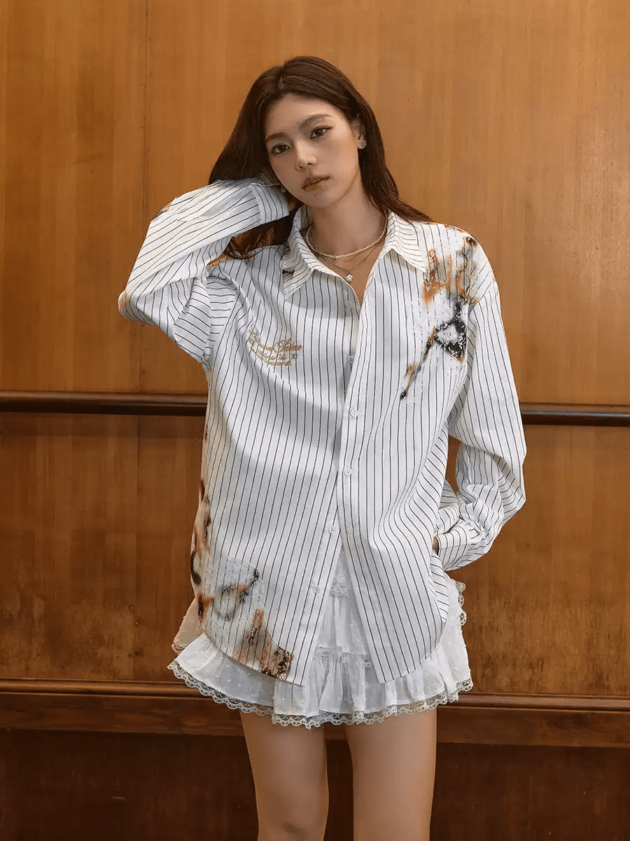 Vintage Burnt Print Embroidered Striped Lace Shirt - COPPING THREADS - Harsh and Cruel