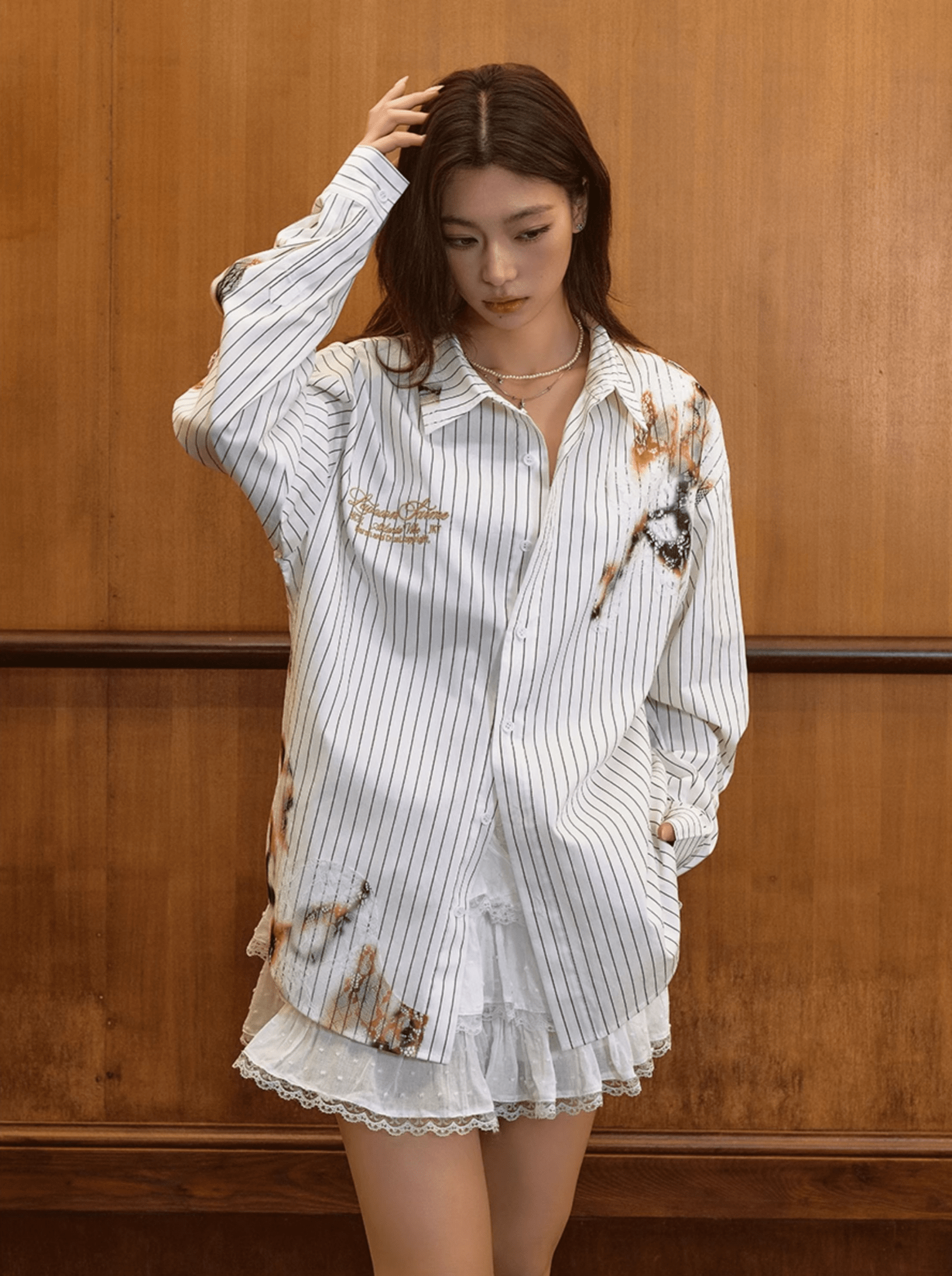 Vintage Burnt Print Embroidered Striped Lace Shirt - COPPING THREADS - Harsh and Cruel