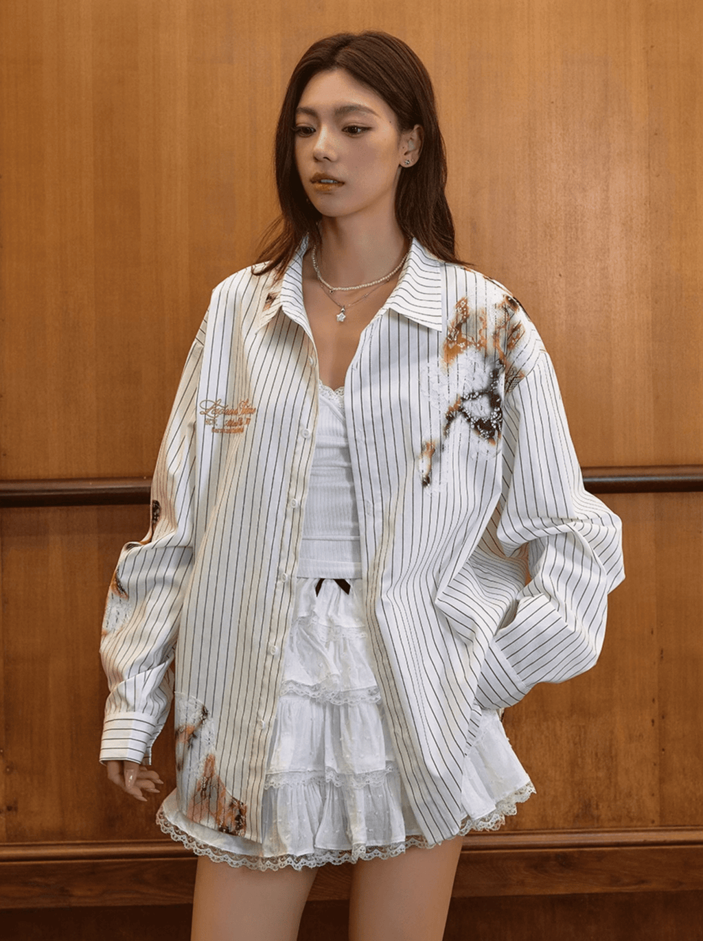 Vintage Burnt Print Embroidered Striped Lace Shirt - COPPING THREADS - Harsh and Cruel