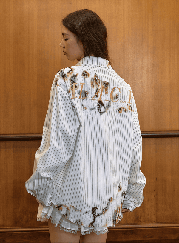Vintage Burnt Print Embroidered Striped Lace Shirt - COPPING THREADS - Harsh and Cruel