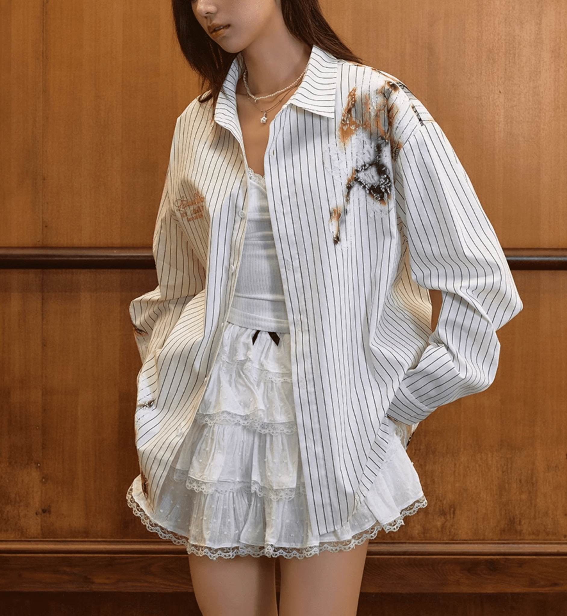 Vintage Burnt Print Embroidered Striped Lace Shirt - COPPING THREADS - Harsh and Cruel