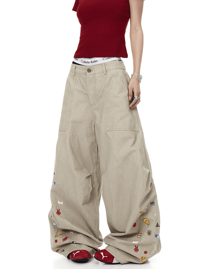 Vintage Cartoon Print Wide-Leg Workwear Pants Main Image