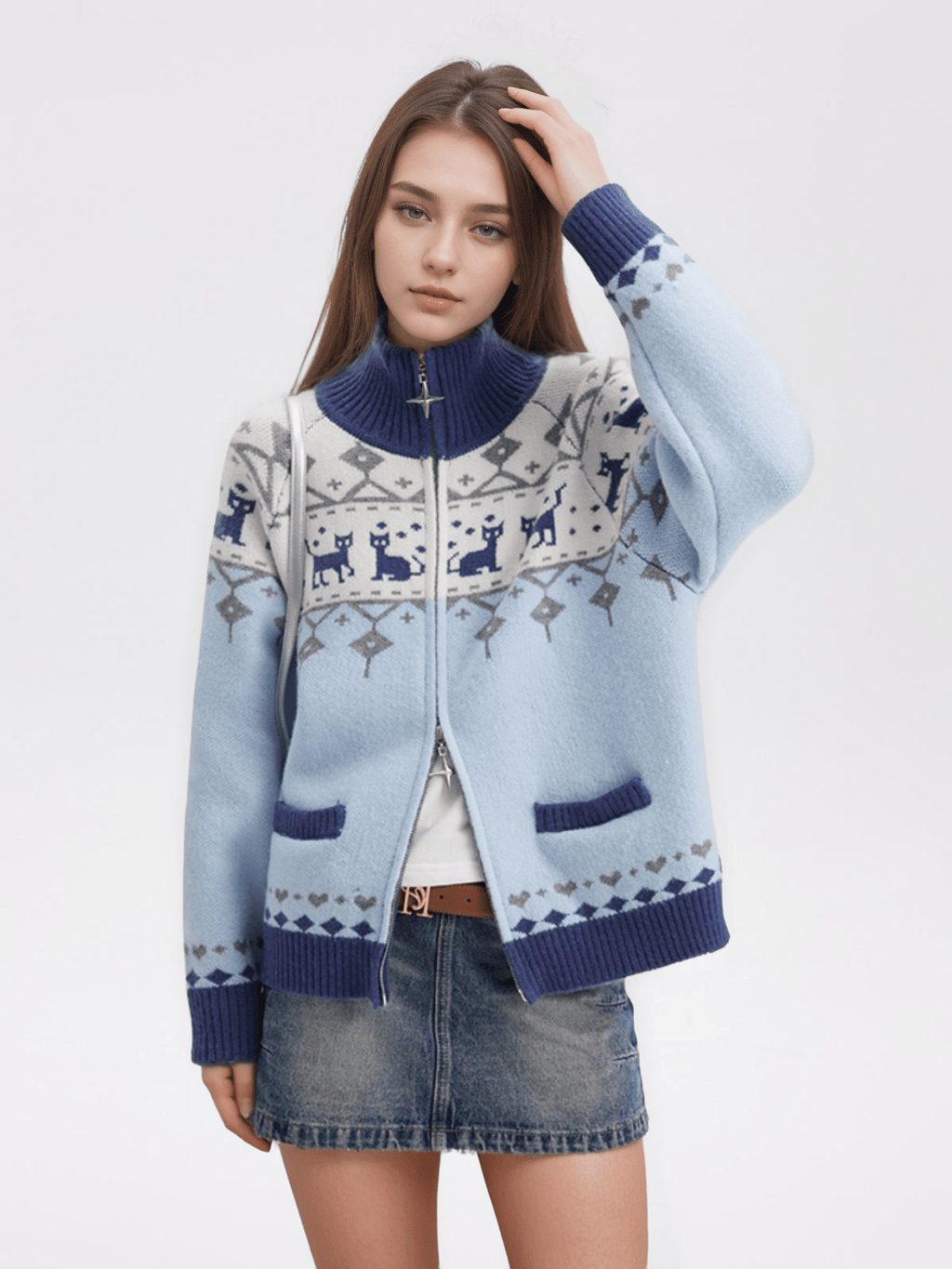 Vintage Cat Fair Isle Print Knitted Cardigan Sweater - COPPING THREADS - CHICISLAND