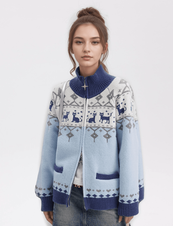 Vintage Cat Fair Isle Print Knitted Cardigan Sweater - COPPING THREADS - CHICISLAND