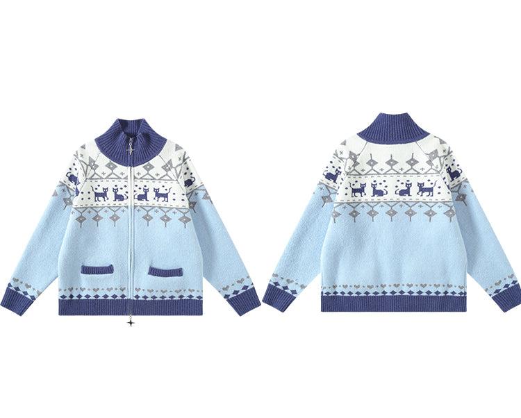 Vintage Cat Fair Isle Print Knitted Cardigan Sweater - COPPING THREADS - CHICISLAND