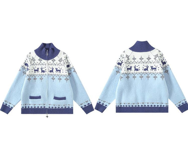 Vintage Cat Fair Isle Print Knitted Cardigan Sweater - COPPING THREADS - CHICISLAND