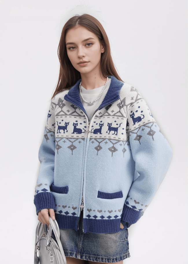 Vintage Cat Fair Isle Print Knitted Cardigan Sweater - COPPING THREADS - CHICISLAND Hover Image