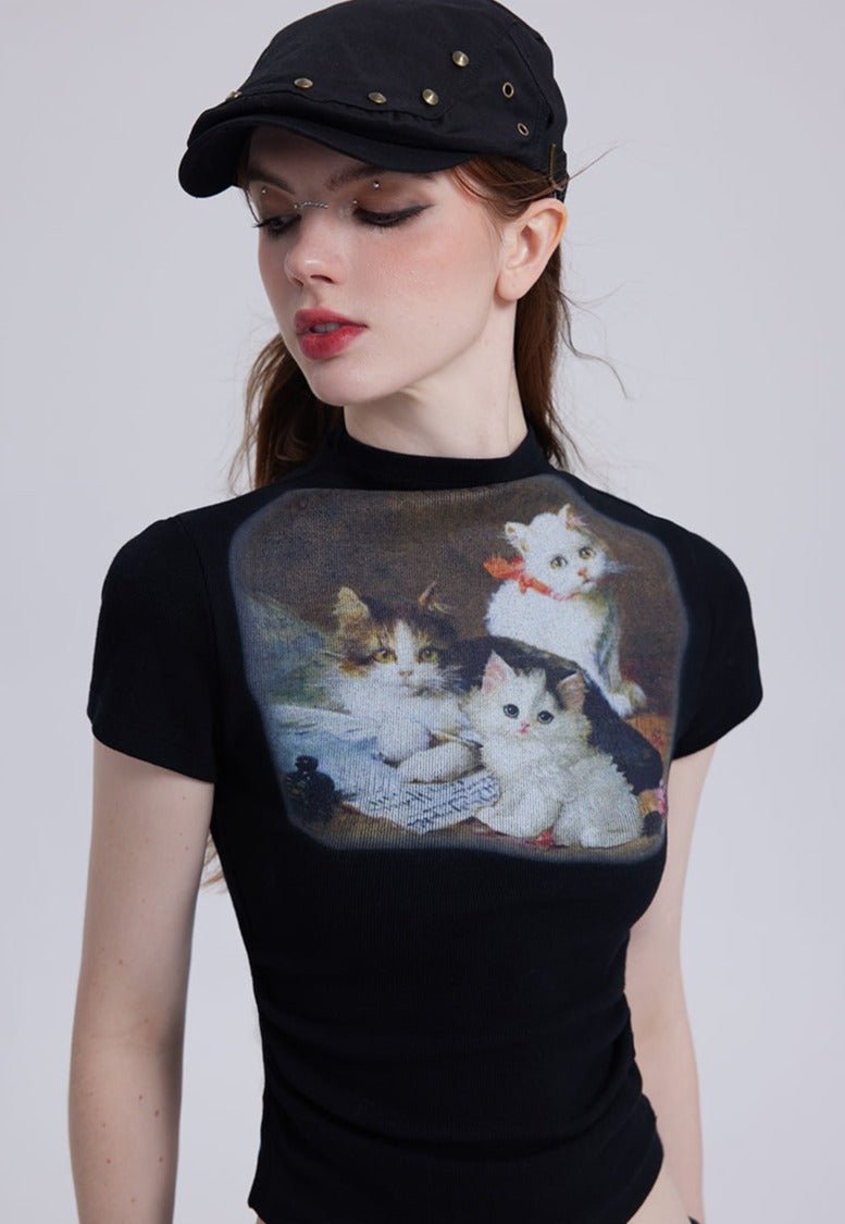 Vintage Cat Print Half Turtleneck Tee - COPPING THREADS - CT Select