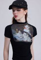 Vintage Cat Print Half Turtleneck Tee - COPPING THREADS - CT Select