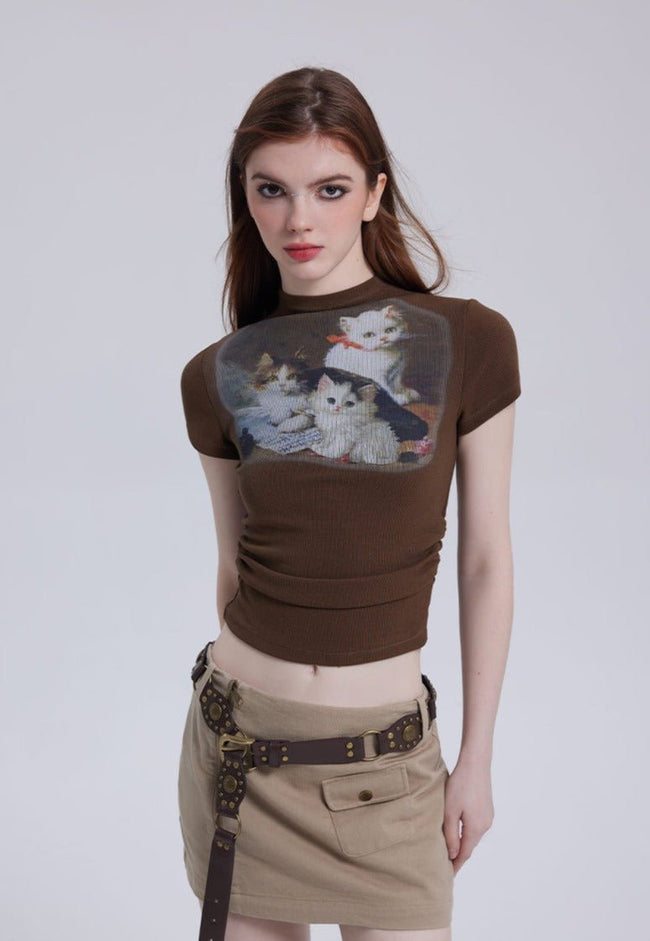 T-Shirt mit halbem Rollkragen im Vintage-Katzen-Print Main Image