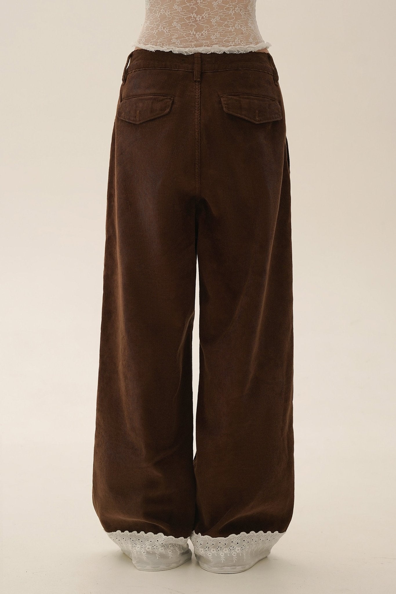 Vintage Corduroy Wide - Leg Pants with Lace Trim Patchwork - COPPING THREADS - MOROMORO