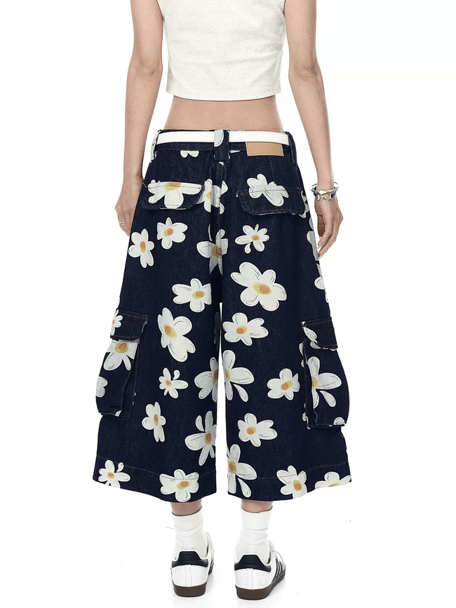 Vintage Daisy Print Denim Cargo Culottes Main Image