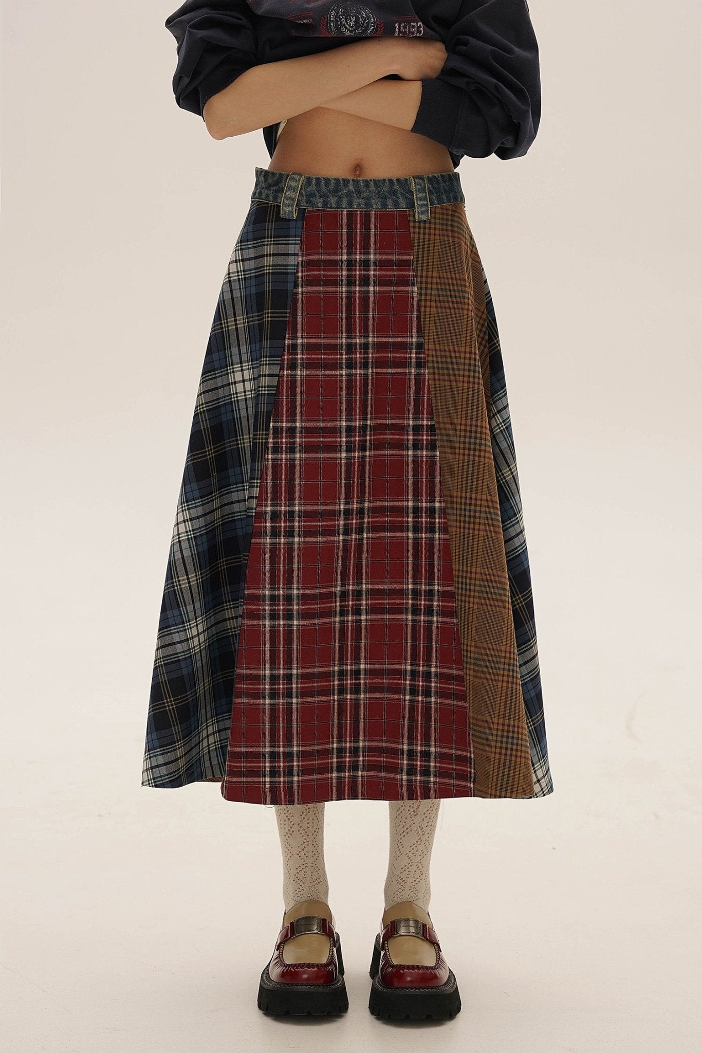 Vintage Denim Waist Color - Block Plaid Wool A - Line Skirt - COPPING THREADS - MOROMORO Hauptbild
