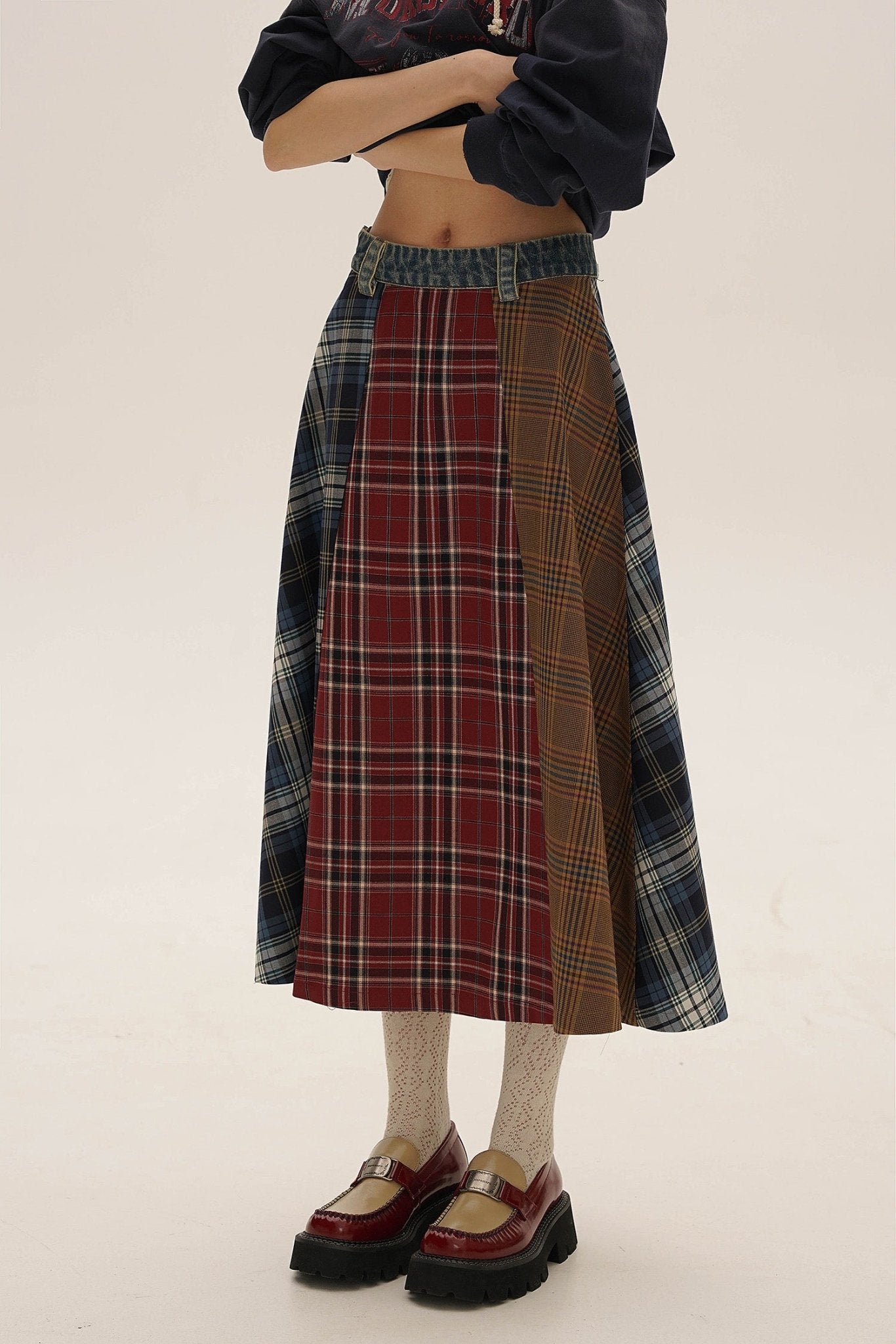 Vintage Denim Taille Color-Block Plaid Wolle A-Linien-Rock Zweitbild