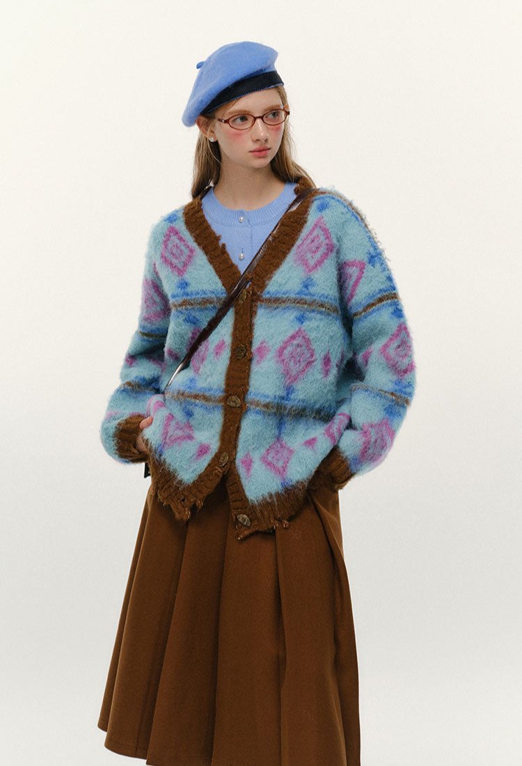 Vintage Diamond Jacquard V - Neck Cardigan - COPPING THREADS - CHICISLAND