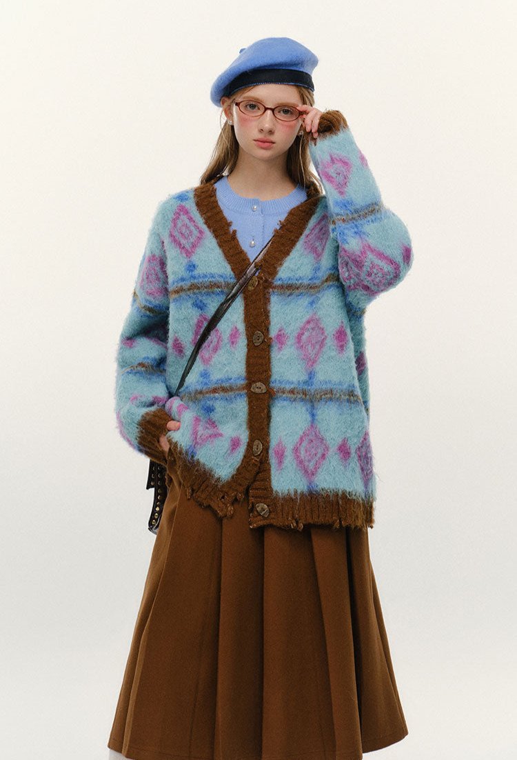 Vintage Diamond Jacquard V - Neck Cardigan - COPPING THREADS - CHICISLAND