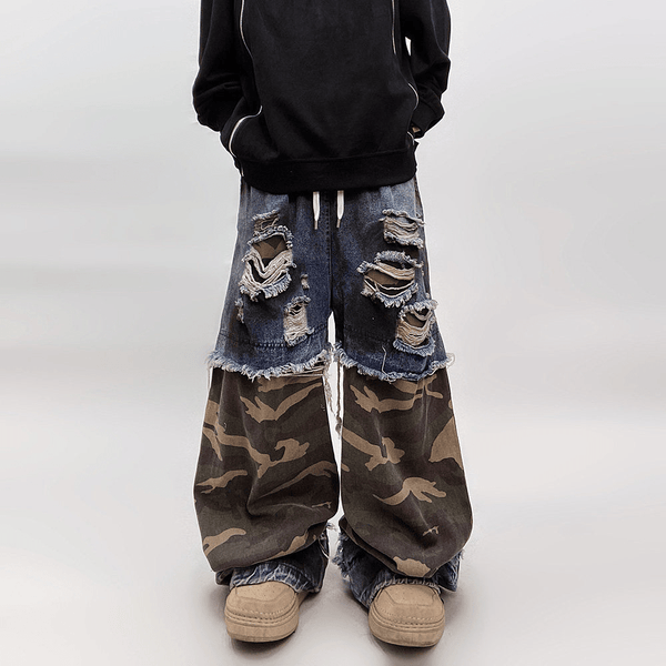 Vintage Distressed Camo Patchwork Wide - Leg Jeans - COPPING THREADS - CT Select