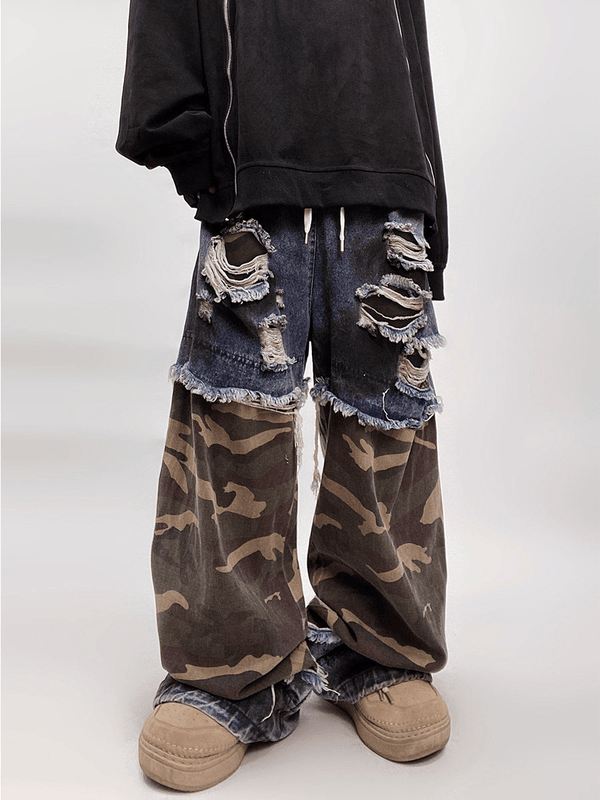 Vintage Distressed Camo Patchwork Wide - Leg Jeans - COPPING THREADS - CT Select