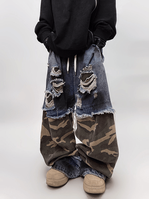 Vintage Distressed Camo Patchwork Wide - Leg Jeans - COPPING THREADS - CT Select