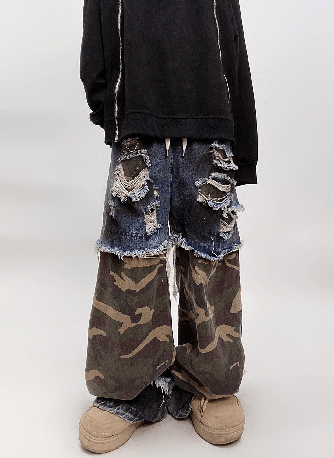 Vintage Distressed Camo Patchwork Wide - Leg Jeans - COPPING THREADS - CT Select