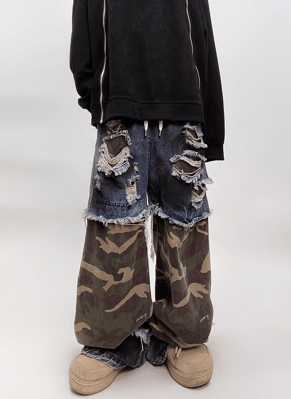 Vintage Distressed Camo Patchwork Wide - Leg Jeans - COPPING THREADS - CT Select