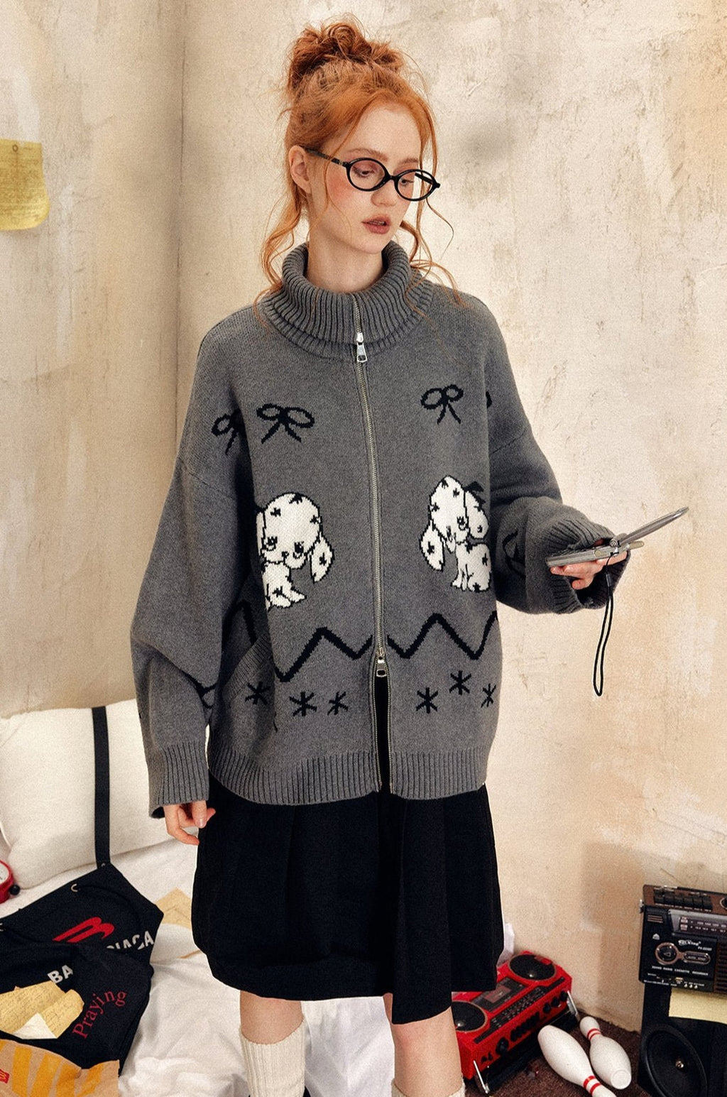 Vintage Dog Bow Pattern Knit Cardigan - COPPING THREADS - CHICISLAND