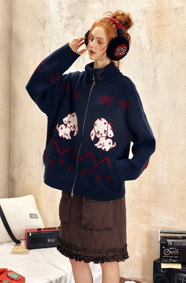Vintage Dog Bow Pattern Knit Cardigan - COPPING THREADS - CHICISLAND