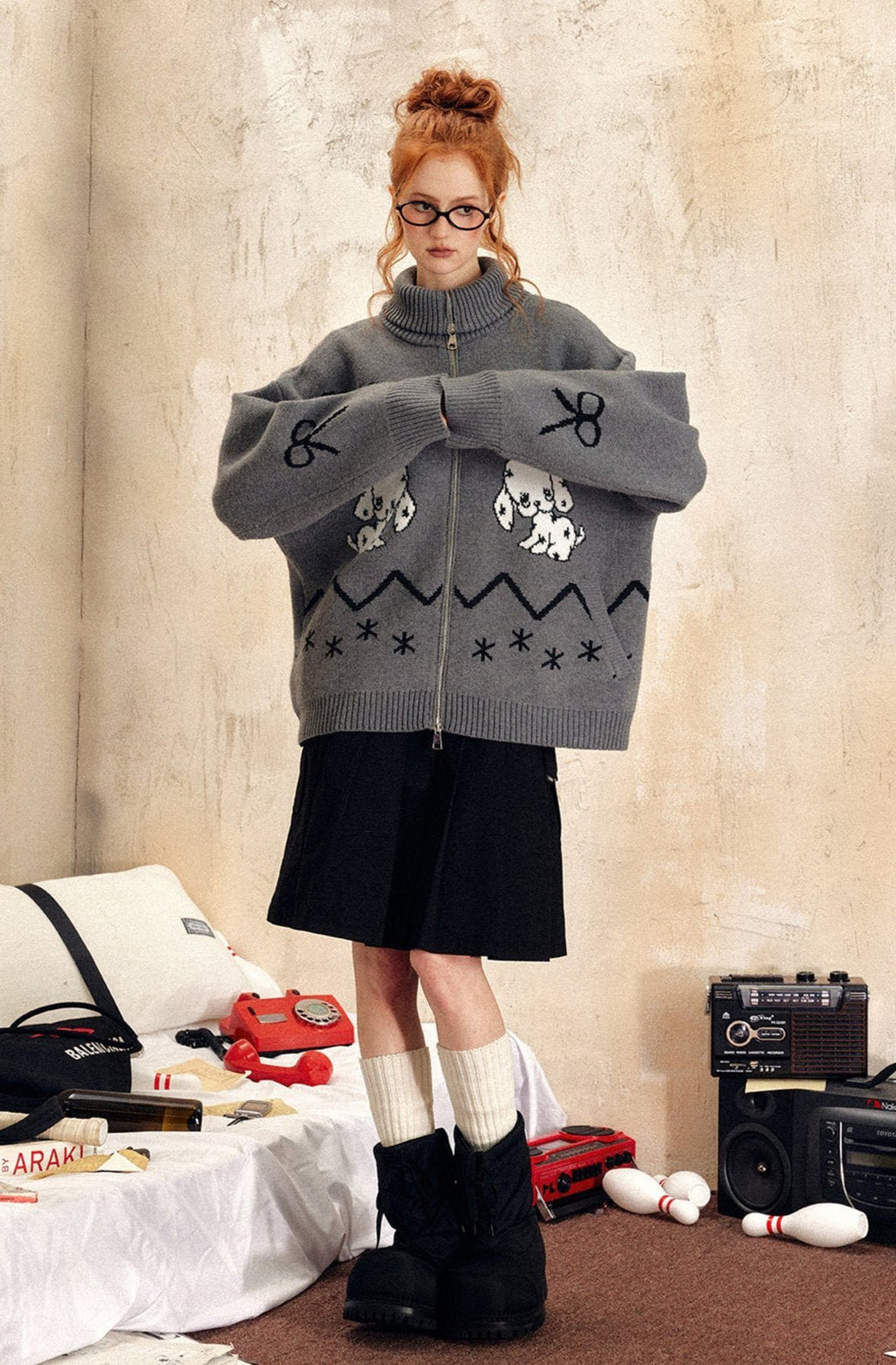 Vintage Dog Bow Pattern Knit Cardigan - COPPING THREADS - CHICISLAND