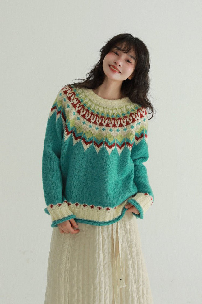 Vintage Fair Isle Colorblock Strickpullover mit Rundhalsausschnitt Main Image