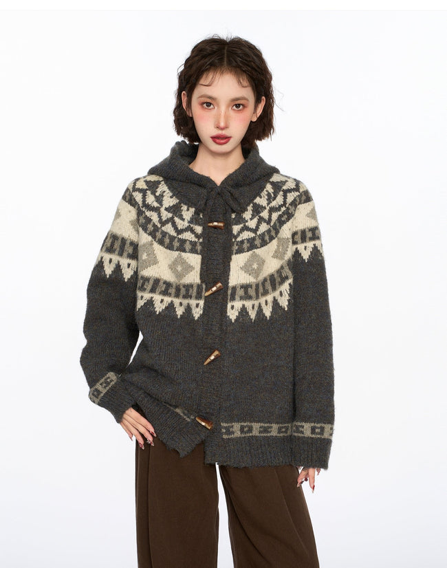 Vintage Fair Isle Diamond Toggle Hooded Cardigan - COPPING THREADS - CHICISLAND Hover Image