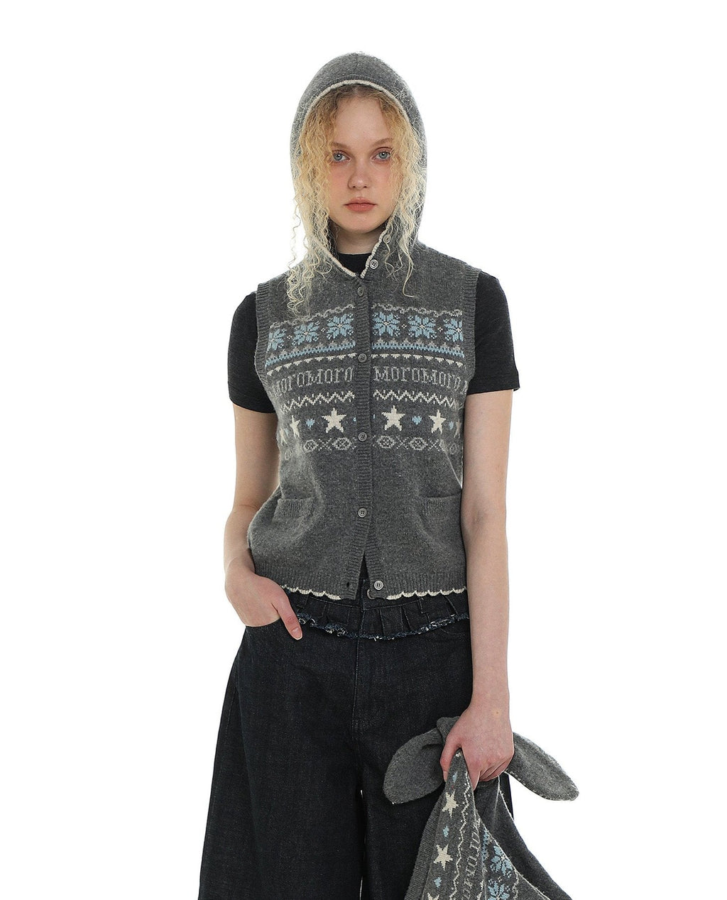 Vintage Fair Isle Star Contrast Trim Hooded Sleeveless Knit Vest - COPPING THREADS - MOROMORO