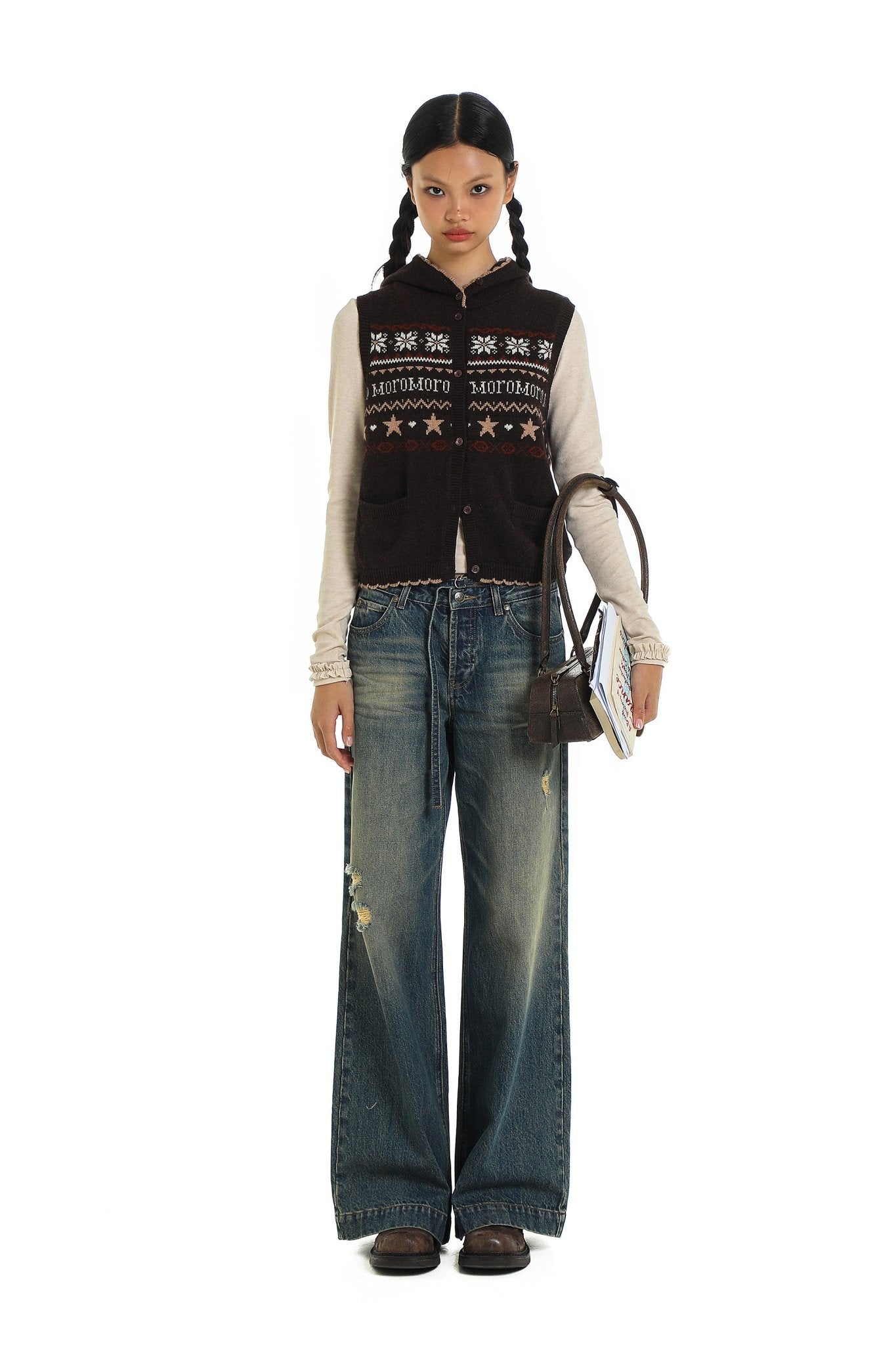 Vintage Fair Isle Star Contrast Trim Hooded Sleeveless Knit Vest - COPPING THREADS - MOROMORO