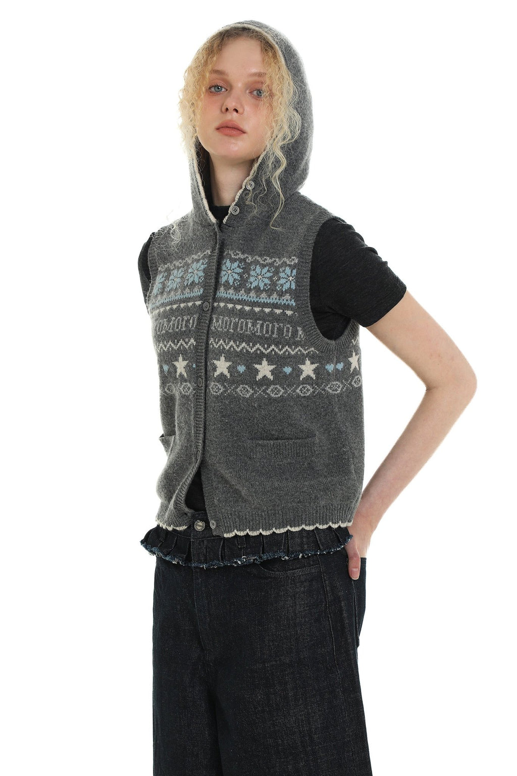 Vintage Fair Isle Star Contrast Trim Hooded Sleeveless Knit Vest - COPPING THREADS - MOROMORO